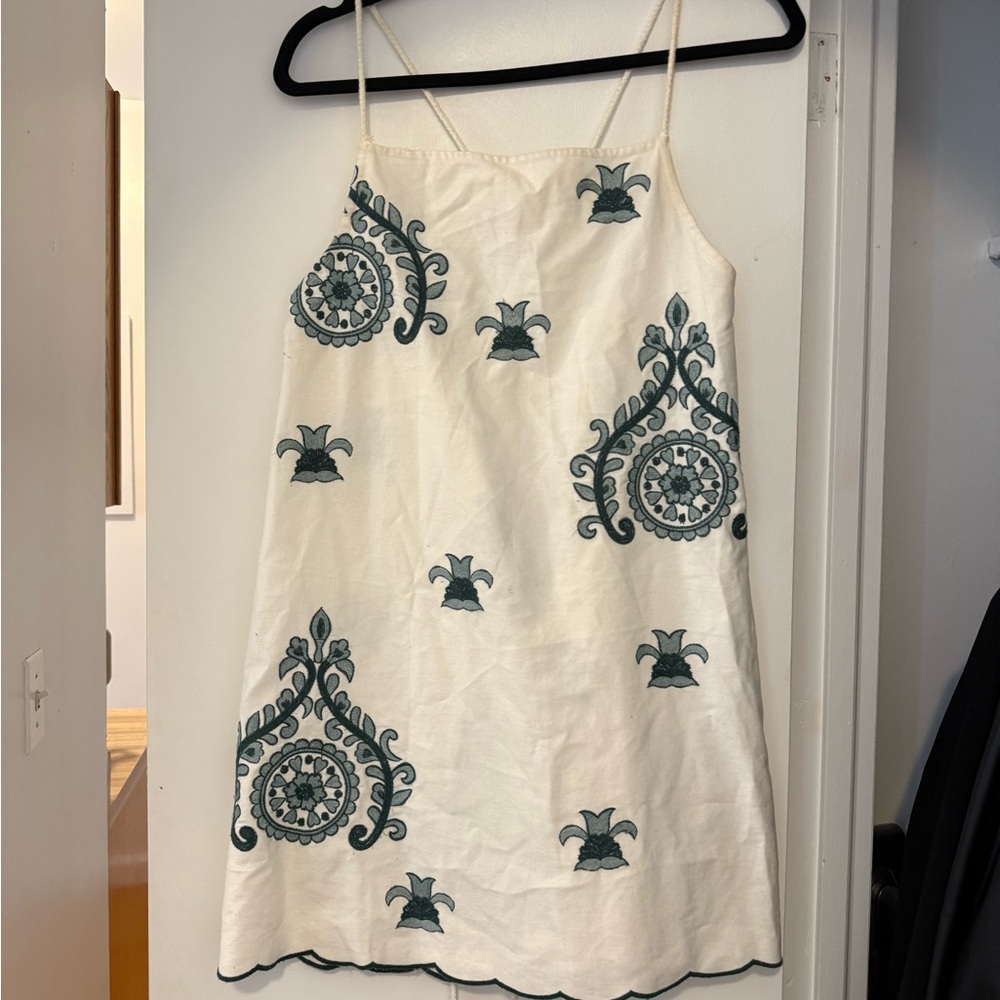 White Dress with Green Embroidery